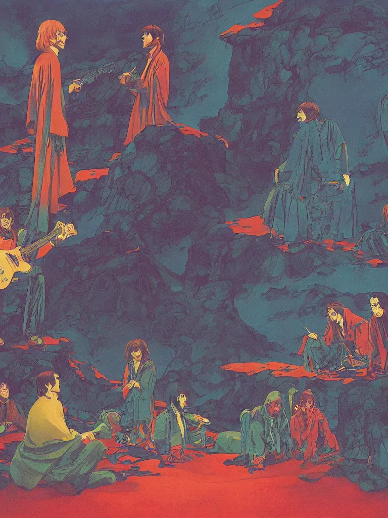 Image similar to an image of the beatles as a characters from the lord of the rings, taking mind altering drugs, a blotter paper of lsd acid and dreaming psychedelic hallucinations in the vast mordor landscape, by kawase hasui, moebius, edward hopper, colorful flat surreal design, dramatic lighting, hd, 8 k, artstation