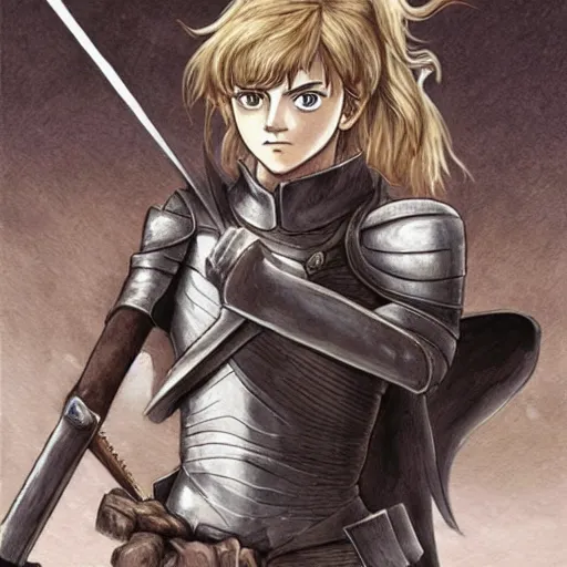 Image similar to emma watson as a knight in the style of berserk, by kentaro miura