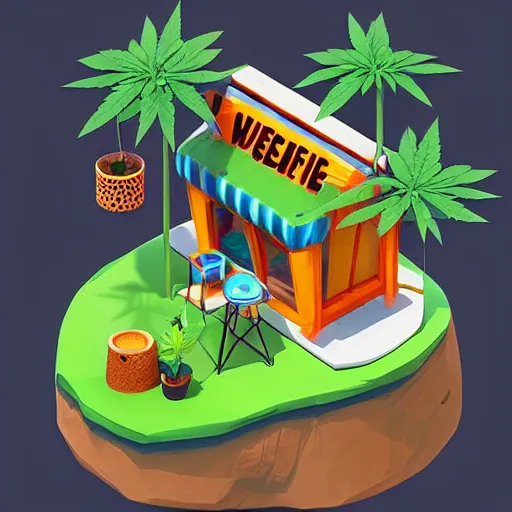 Image similar to isometric cute cartoon of utopia weed cafe decorated a few cannabis leaf pots. by benoit mandelbrot, render pixar palette, low poly digital art artstation artgerm