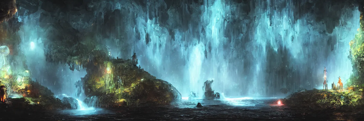 Image similar to oil painting, dungeon, underground scene, cave, glowing threads of drop, solitude under a waterfall, space flower fairy, space, stars, star rain, rich deep colors masterpiece, ultra detailed, beautiful fantasy, contrast, volumetric light, atmospheric lighting, cinematic, steampunk, moody, octane render 4 k, 8 k