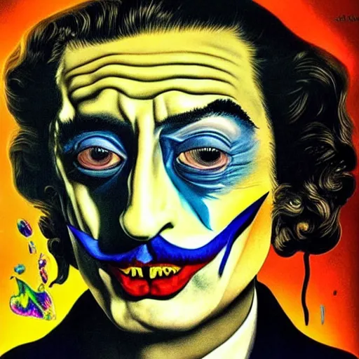 Prompt: an extremely psychedelic portrait of salvador dali as the joker, lsd, face, detailed, intricate, elegant, lithe, highly detailed, digital oth, sharp focus, illustration,