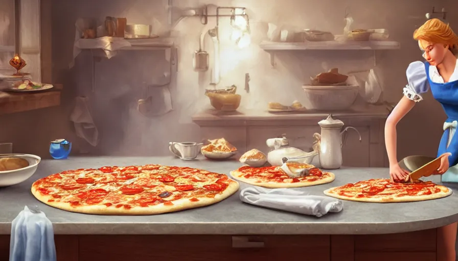 Prompt: cinderella making pizza, photorealistic rendering. artstation, 4 k, hyperrealism