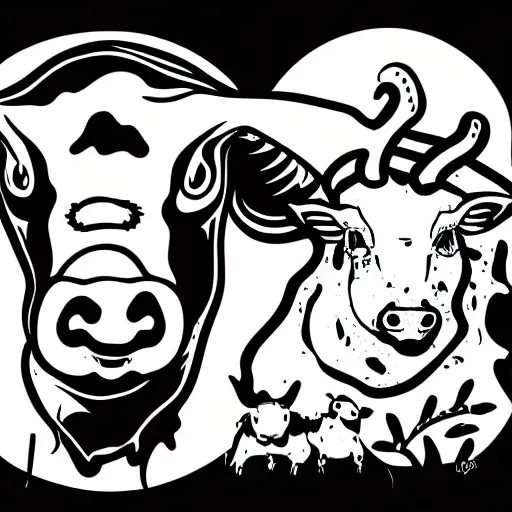 Prompt: antichrist, cow, pig, sheep, chicken, white on black vector ink drawing