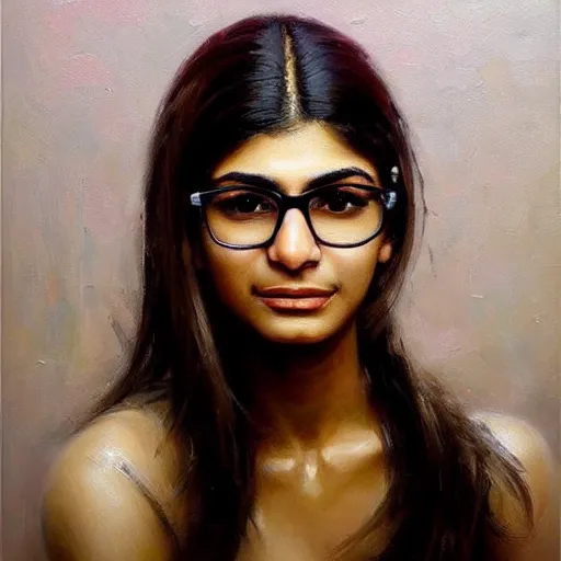 Image similar to beautiful painting an gorgeous of mia khalifa, oil painting, art by ruan jia