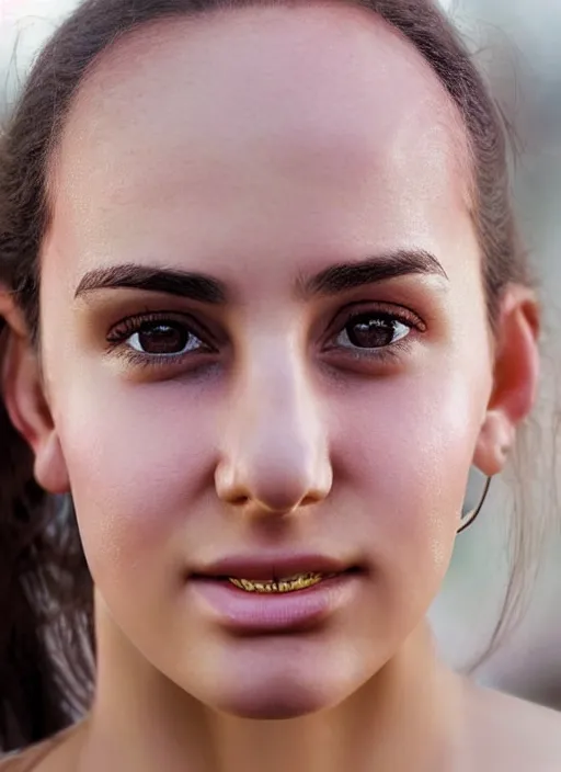 Prompt: A close-up photo of a beautiful Turkish 22 year old girl with hazel eyes, wide forehead and pink cheeks. Her hair is straight and tied into a ponytail. She is looking at the camera with a slight smile. Braces, beauty, Detailed face features, hyper realism, studio, bokeh, shallow depth of field, uplifting background, photography from Vogue magazine, by WLOP, Sigma 500mm f/5