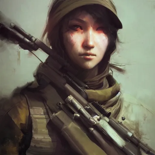 Prompt: of a sniper girl in war, portrait, by ruan jia and ross tran, detailed,