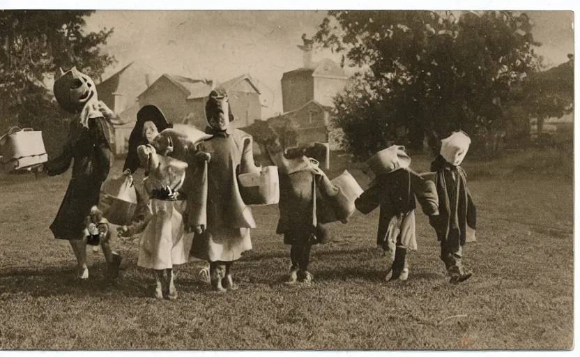 Image similar to Vintage postcard of children trick-or-treating, hi-res scan, stark composition, sepia tone, eerie lighting,
