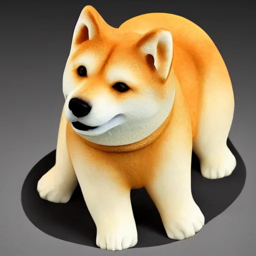 Image similar to a very beautiful intricately shaped organic sculpture carved from steamed buns depicting a shiba inu. studio lighting, high resolution, high quality, dark background