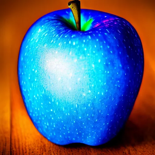 Prompt: professional photo of an apple that is blue, with a glowing gold aura around it, highly detailed, extremely high quality, hd, 4 k, 8 k, professional photographer, 4 0 mp, canon 3 0 0 mm, lifelike, top - rated, award winning, realistic, detailed lighting, detailed shadows, sharp, no blur, edited, corrected, trending