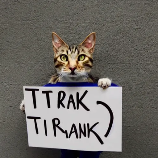 Image similar to a tabby cat holding a sign that says