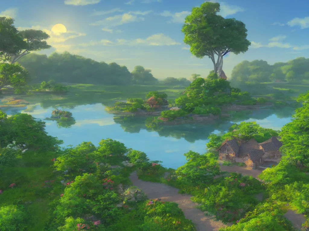 Prompt: a serene landscape with a singular building near a lake at sunrise, reflexion of the sun on the water, ghibli studio, anime style, pixar and disney style, high quality, highly detailed, 8 k, soft lighting, soft colors, path traced, bloom, godrays, complementary colors, natural lighting, beautiful, elegant, breathtaking landscape