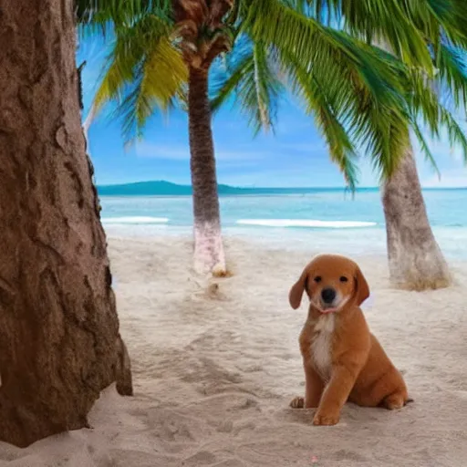 Prompt: a beach with a puppy on it