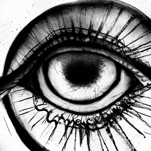 Prompt: highly detailed ink sketch of a human eye that is shattered like a mirror heavy black high contrast anatomical detail black and white