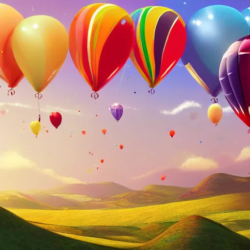 Prompt: digital art of plenty of birthday balloons floating above a beautiful countryside. artstation cgsociety masterpiece