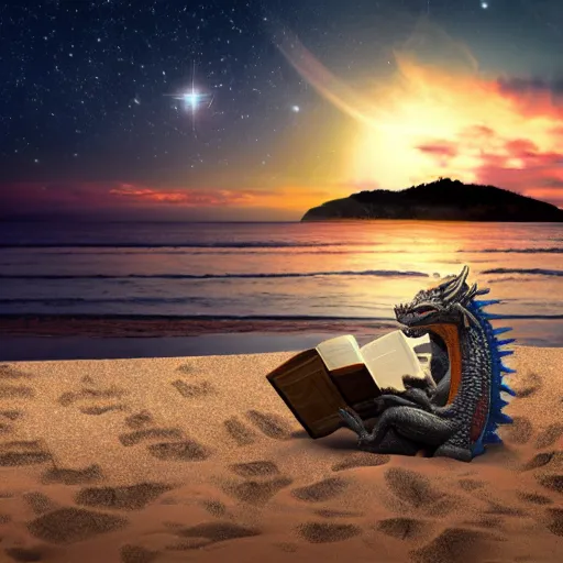 Image similar to Dragon on a beach reading a book under the stars