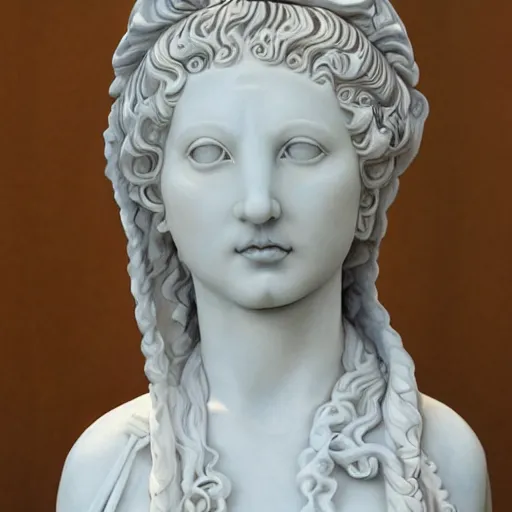 Prompt: Alanis Morisette as a beautiful marble bust of the goddess of the moon, with ribbons in the style of Escher, by Michelangelo