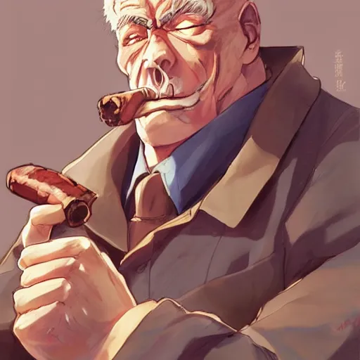 Image similar to An anime portrait of a buff old soldier smoking a cigar, by Stanley Artgerm Lau, WLOP, Rossdraws, James Jean, Andrei Riabovitchev, Marc Simonetti, and Sakimichan, tranding on artstation