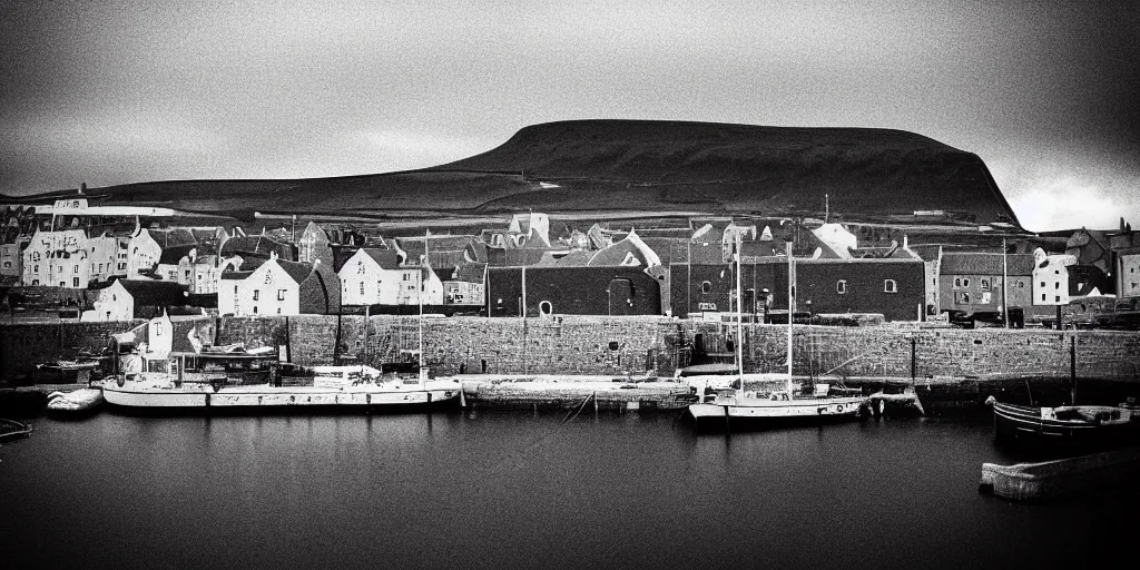 Prompt: a camera obscura photograph of the harbour at Stromness orkney, pin-hole, blur, vignette