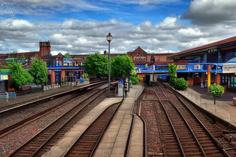 Prompt: Shrewsbury Railway Station in the style of Roger Dean