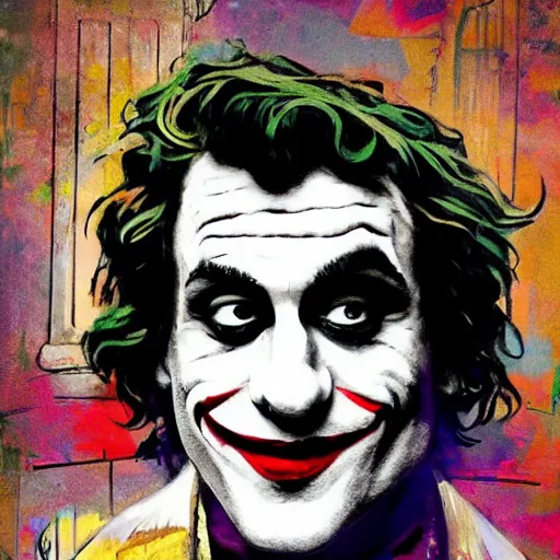 Image similar to ilya yefimovich repin and mimmo rottela and banksy as joaquin phoenix skinny joker, holding hand, lady gaga harley queen, ultra photorealistic, intricate details, pop art style, concept art, confident posse, object super details, 2 colours, warm color, 4 k, ultra smooth, sharp focus