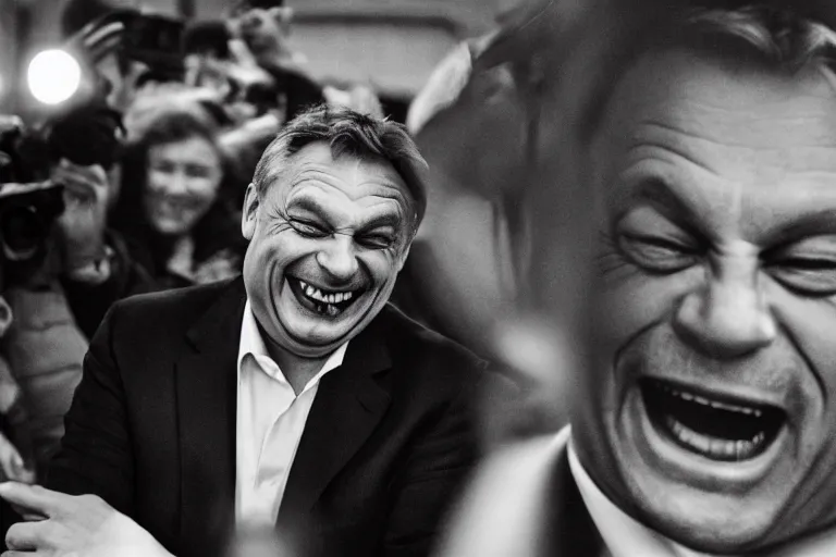 Prompt: viktor orban laughing hard by peter lindbergh