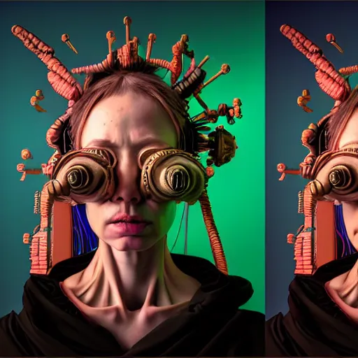 Image similar to Colour Caravaggio style Photography of Beautiful woman with highly detailed 1000 years old face wearing higly detailed cyberpunk VR Headset designed by Josan Gonzalez Many details. . In style of Josan Gonzalez and Mike Winkelmann andgreg rutkowski and alphonse muchaand Caspar David Friedrich and Stephen Hickman and James Gurney and Hiromasa Ogura. Rendered in Blender, volumetric natural light