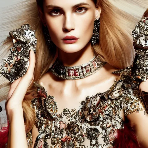 Image similar to close up of face of fashion model with luxury dress, official dolce and gabbana editorial, highly detailed