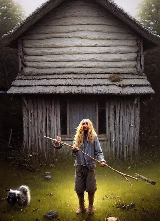 Image similar to highly detailed hyperrealistic painting of a blonde long - haired hillbilly standing in front of old rough house holding a stick, with his fluffy black and gray australian shepherd, bonfire, stephen bliss, art by greg rutkowski, loish, rhads, ferdinand knab, makoto shinkai and lois van baarle, tom bagshaw, global illumination, artstation