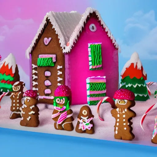 Prompt: Village made of candy with gingerbread people and with pink cotton candy clouds in the sky realistic