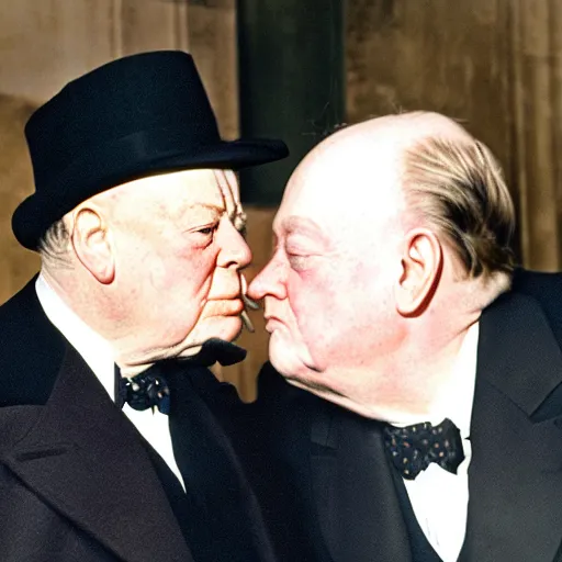 Prompt: Winston Churchill and Harry Potter kissing