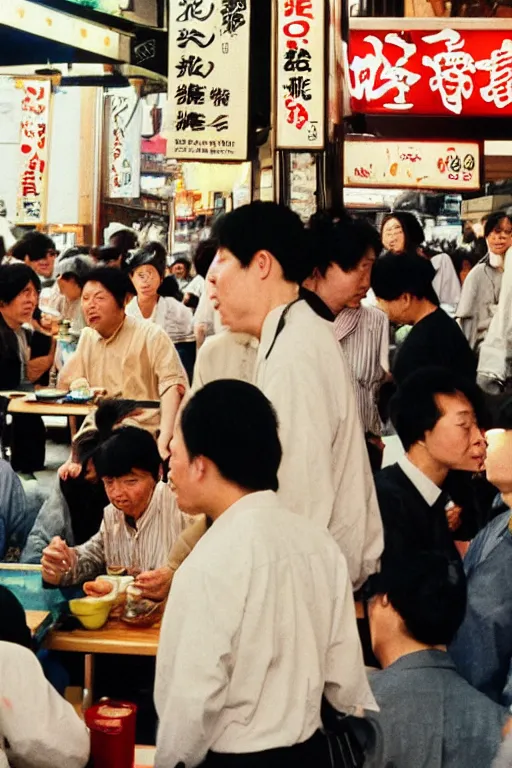 Prompt: street photography of an izakaya midday, people in 9 0 s fashion, in tokyo shinjuku, shot on cinestill 5 0 d with a canon 3 5 mm lens aperture f / 5. 6, masterful photography by haruto hoshi and yang seung - woo and saul leiter, hyper - realistic