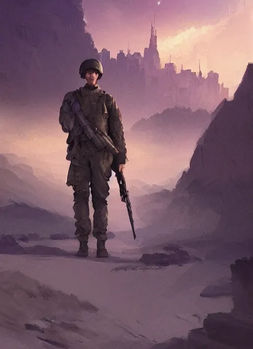 Image similar to purple scene lighting, detailed character portrait!!! concept art, older ryan gosling as a soldier with beard, short hair, in a soldier uniform, desert background, city skyline, sharp focus, illustration, highly detailed, digital painting, concept art, matte, art by wlop and artgerm and greg rutkowski, masterpiece