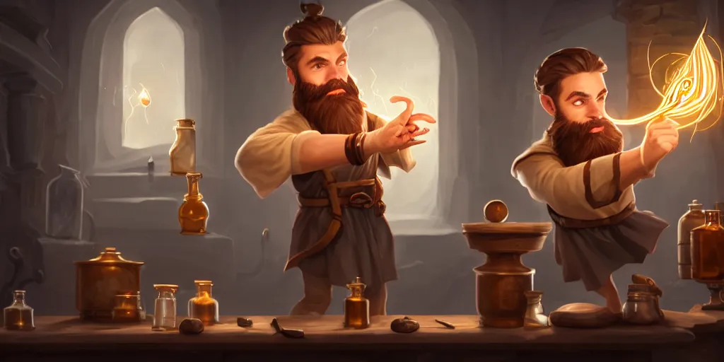 Image similar to a handsome bearded white male sorcerer with brown hair he is casting a spell, he is in a alchemist workshop filled with beakers and equipment, neutral pose, sharp focus, waist up, epic composition, 4 k, by rudy siswanto and anna podedworna