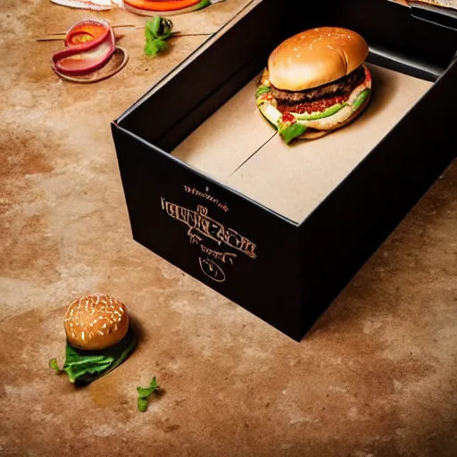 Image similar to A hamburger in the shape of a shoe box, professional food photography