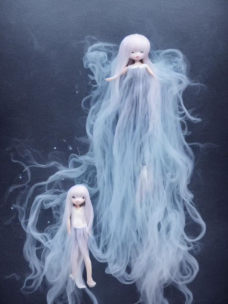 Image similar to cute fumo plush doll of an otherworldly translucent jellyfish goth maiden girl floating in the deep sea, mysterious tattered black tendrils and dress, glowing wraith girl, wisps of volumetric fog and smoke in vortices, vignette, bokeh, vray