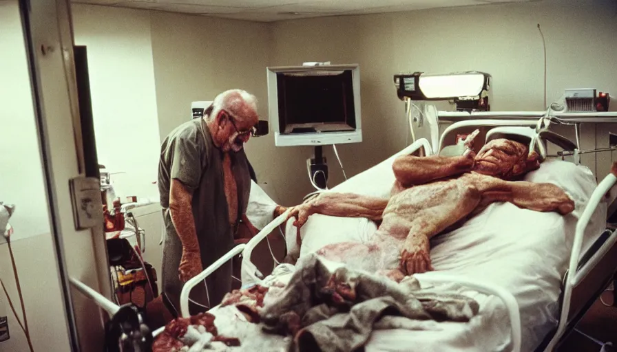 Image similar to 7 0 s movie still of a old meat man in the hospital, cinestill 8 0 0 t 3 5 mm eastmancolor, heavy grain, high quality, high detail