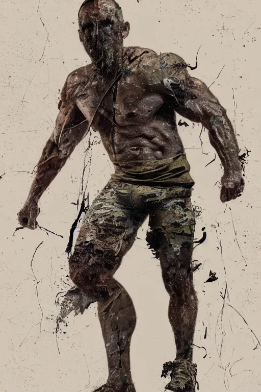 Image similar to portrait of a rugged ranger, muscular, upper body, hairy torso, in the style of Corporate Memphis, Francis Bacon, James Jean, Alegria style, Buck Studios artwork, gradients, simple, minimalist, medium shot