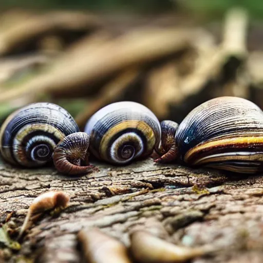 Image similar to a group of snails protesting in the forest. photograph, hyper-realistic