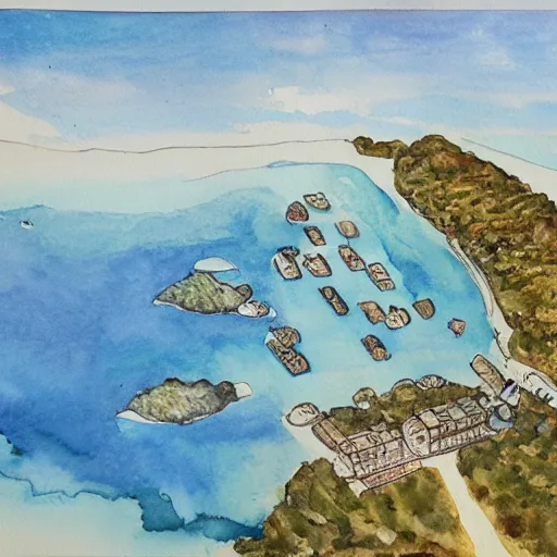 Image similar to a bird's - eye view of a island in de middle of the ocean, watercolor