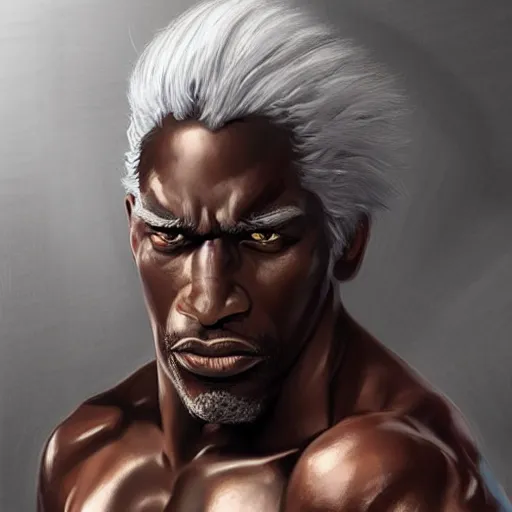 Image similar to wow, fanart ugly muscular black man with white hair and a protruding jaw with visible pectoral muscles, detailed, digital art, artstation, smooth, sharp focus, art by artgerm, greg rutkowski, alphonse mucha