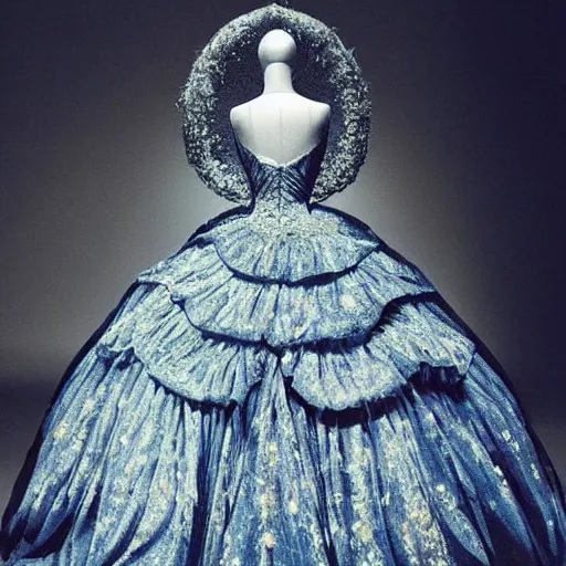 Prompt: Stunning photograph of a magnificent and extravagant ball gown designed after by Van Gogh's Starry Night. Fashion contest winning piece. Studio lighting