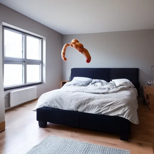 Prompt: a potato flying around a bedroom