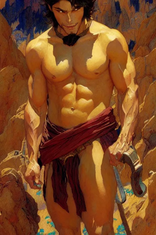 Prompt: tales of earthsea, attractive muscular male character design, painting by gaston bussiere, craig mullins, j. c. leyendecker, tom of finland