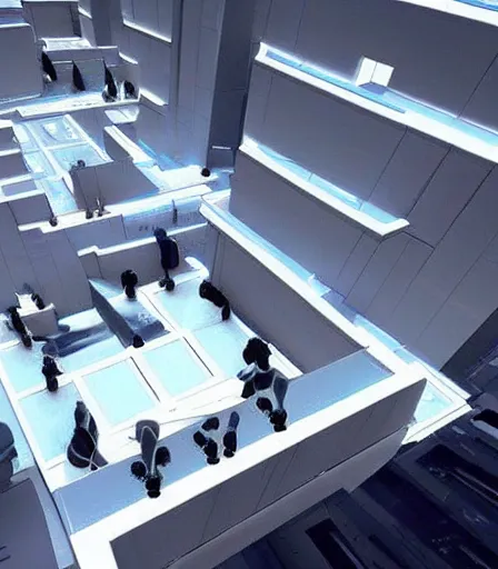 Image similar to Mirror's Edge 3 concept art, futuristic but minimalistic at the same time, clean white colors and small hints of blue and green, parkour pov