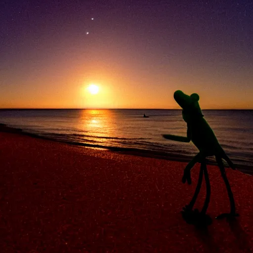 Prompt: silhouette of kermit in front of a full moon, beach horizon