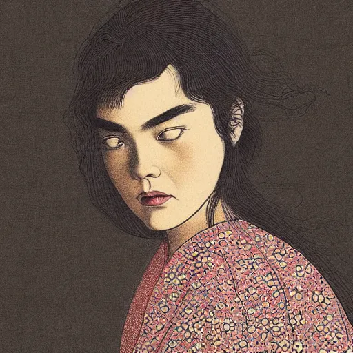 Image similar to “ florence pugh portrait by ikenaga yasunari and ayana otake and ko rakusui, 6 0 s poster, drawing, realistic, sharp focus, japanese, dreamy, nostalgia, faded, golden hues, floral clothes ”