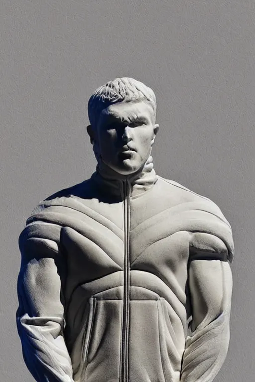 Prompt: marble sculpture of man in Adidas jacket sportswear, intricate sculpture, chiseled muscles, godlike, museum photo