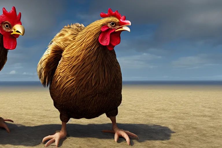 Prompt: photo, old men, two hairy fat ugly fight huge chickens 4 0 1 2 7 on a beach, highly detailed, scary, intricate details, volumetric lighting, front view