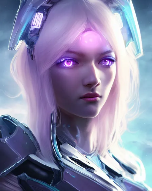 Image similar to perfect android girl on a mothership, warframe armor, beautiful face, scifi, futuristic, galaxy, nebula, raytracing, dreamy, long white hair, blue cyborg eyes, sharp focus, cinematic lighting, highly detailed, artstation, divine, by gauthier leblanc, kazuya takahashi, huifeng huang