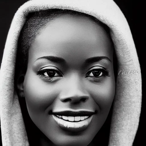 Prompt: black and white vogue closeup portrait by herb ritts of a beautiful female model, nigerian, high contrast